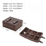 Brown jewelry box with dimensions and weight information on a white background