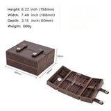 Brown jewelry box with dimensions and weight information on a white background