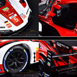 Collage of a red and white racing car with various close-up details.