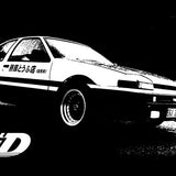 Black and white illustration of a car with 'Initial D' branding.