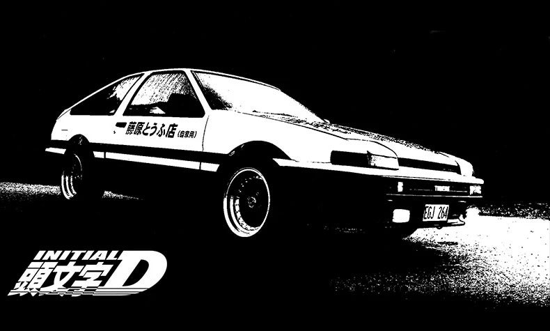 Black and white illustration of a car with 'Initial D' branding.