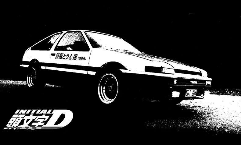 Black and white illustration of a car with 'Initial D' branding.