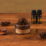 Wooden diffuser and essential oil bottles on a wooden surface with pine cones and branches.