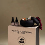 Product set with bottles and a pot on a branded box against a beige background