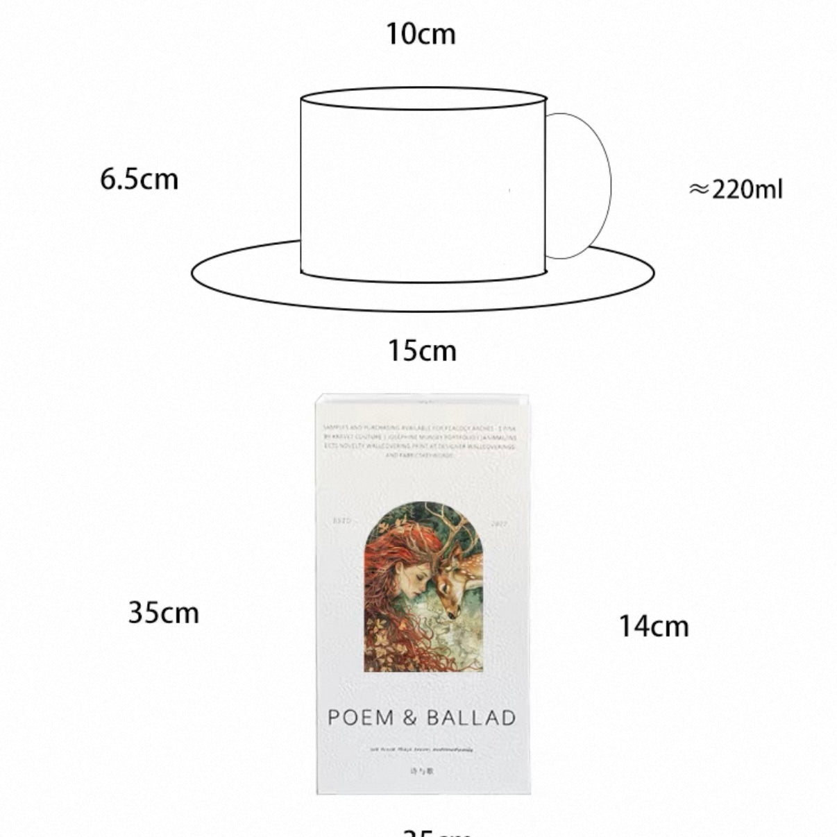 Measurement chart showing a cup, saucer, and tea bag packaging with dimensions.