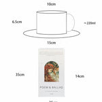 Measurement chart showing a cup, saucer, and tea bag packaging with dimensions.