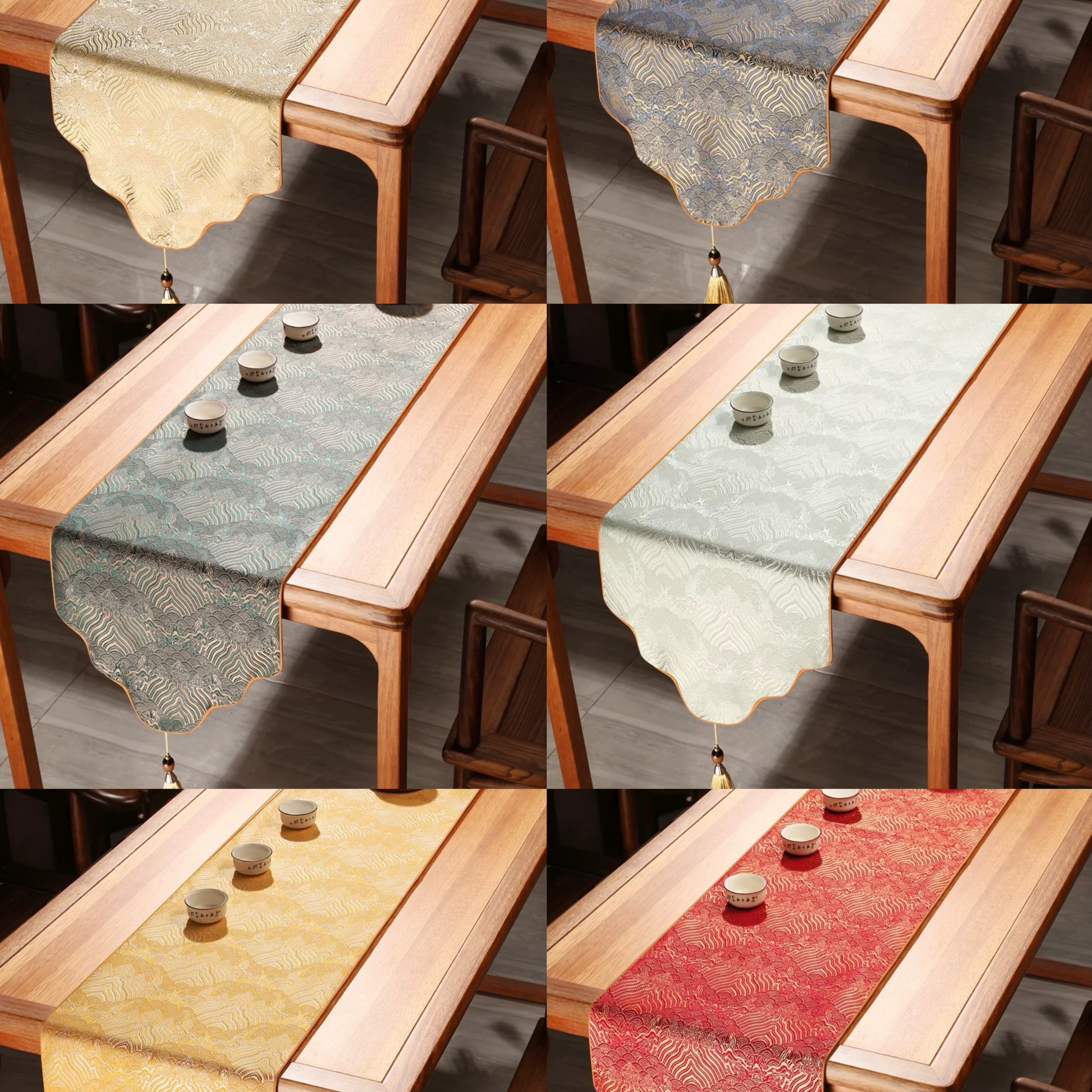Collage of wooden tables with different colored table runners.