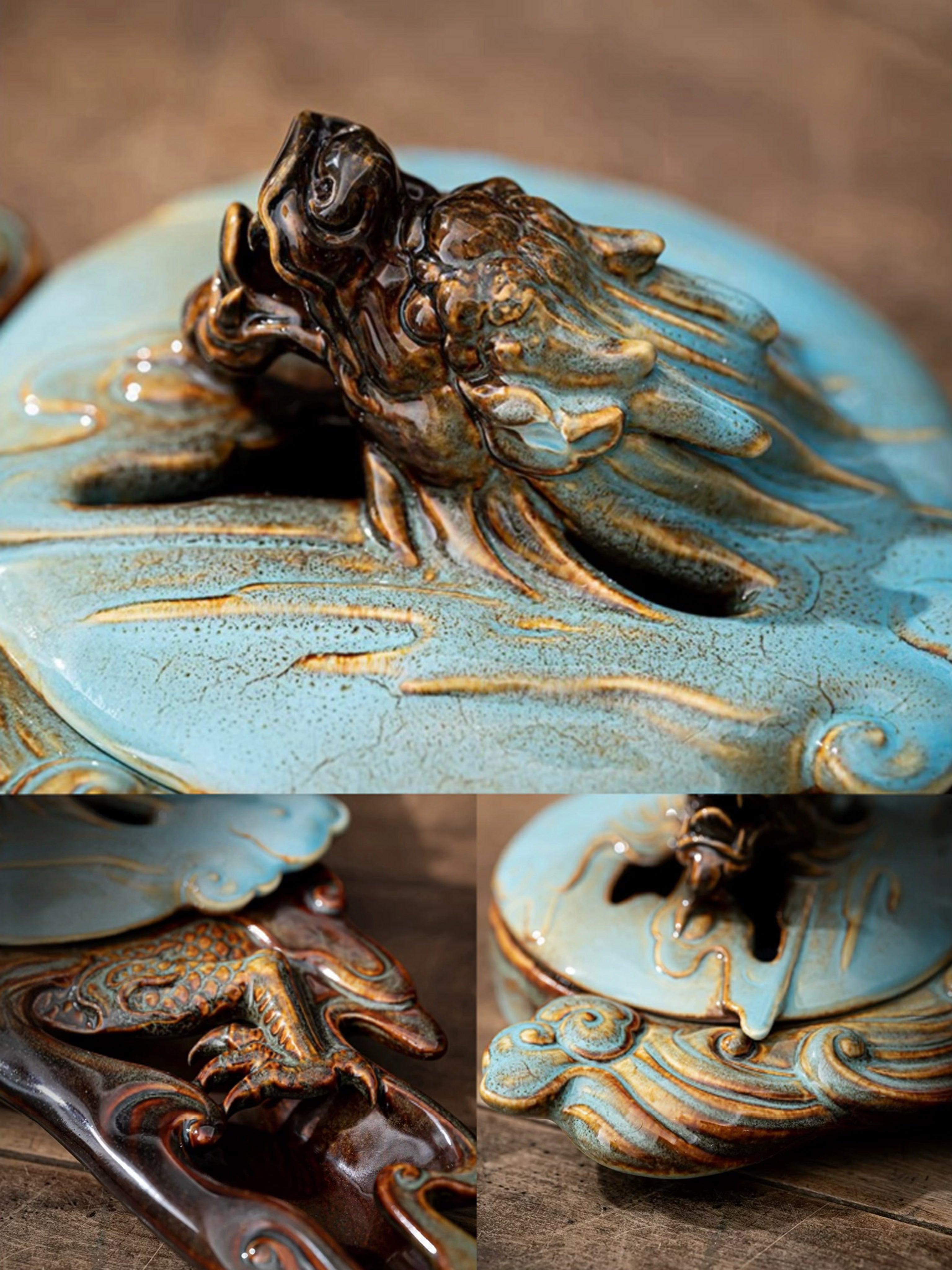 Decorative ceramic piece with fish design on a textured surface