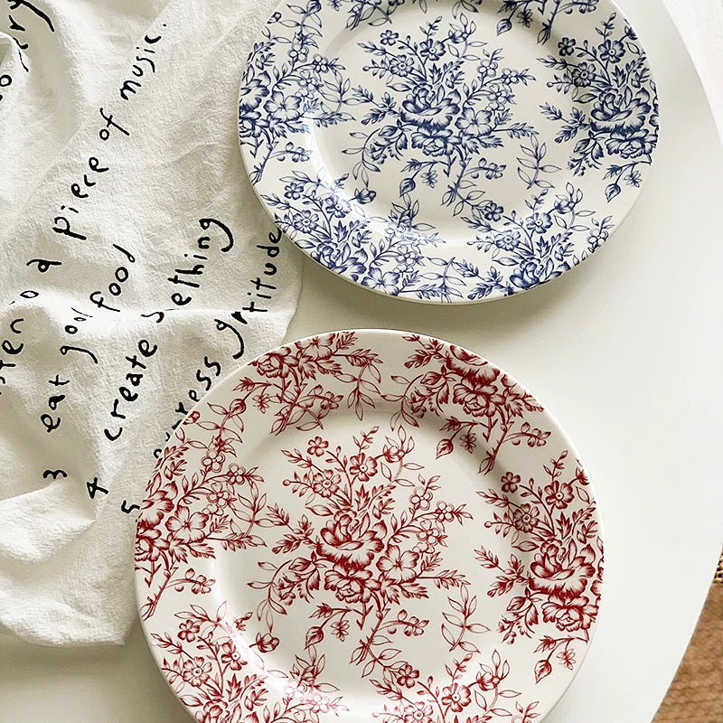 Blue floral ceramic dinner plate – French vintage 20cm tableware

