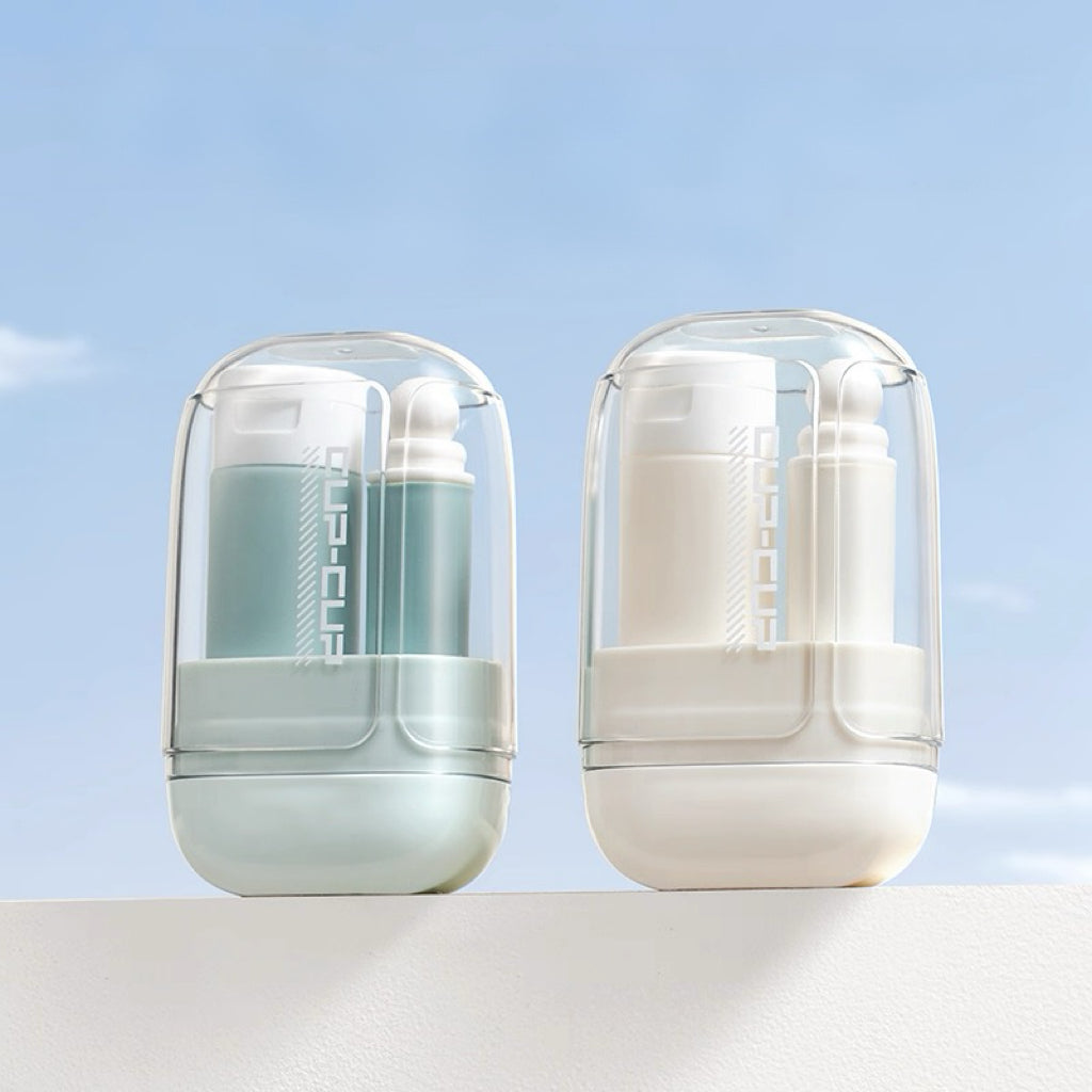 Two skincare products in clear containers on a light blue background