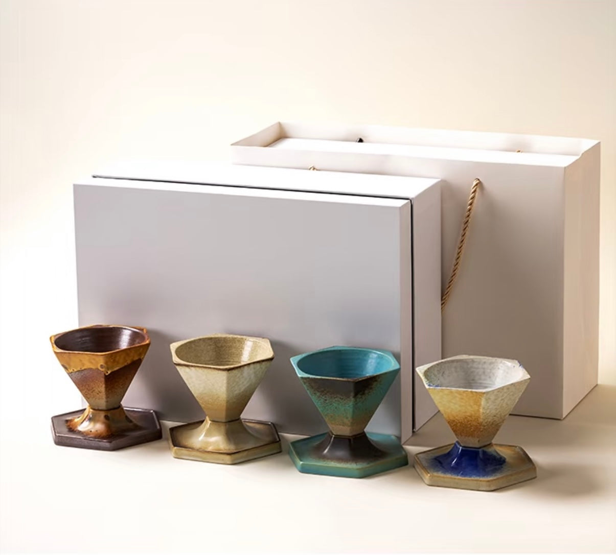 artisan ceramic coffee cups set of 4 – geometric hexagonal cone shape, glazed stoneware finish