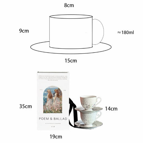 Measurement chart of a ceramic cup and saucer with dimensions and capacity details.