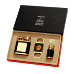 Cigar accessories set including a humidor, cutter, and lighter in a Jifeng box.