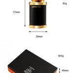 Measurement chart of a black and gold cylindrical product with dimensions and weight details.