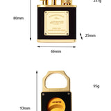 Product information for a perfume bottle and a gold clip with measurements and weight details.