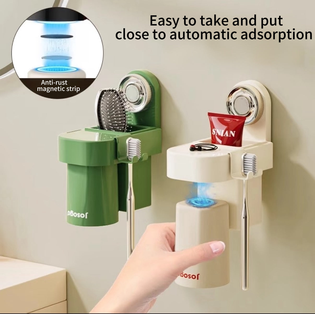 Hands-free magnetic attachment rinse cup for toothbrushes with easy grab and release function