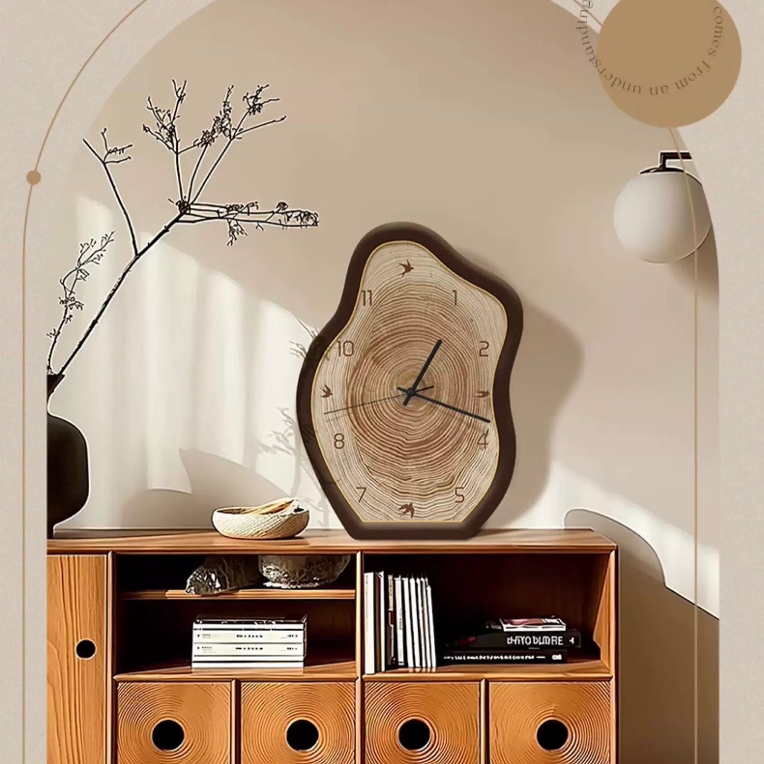 Wooden cabinet with a decorative clock on a neutral wall
