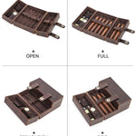 Brown wooden jewelry box with compartments shown in open, full, separation, and side views.