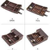 Brown wooden jewelry box with compartments shown in open, full, separation, and side views.