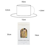 Measurement chart of a teacup and saucer with dimensions and capacity, alongside a 'POEM & BALLAD' product packaging.
