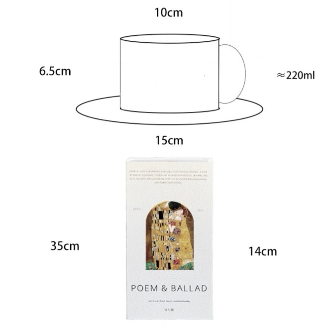 Measurement chart of a teacup and saucer with dimensions and capacity, alongside a 'POEM & BALLAD' product packaging.