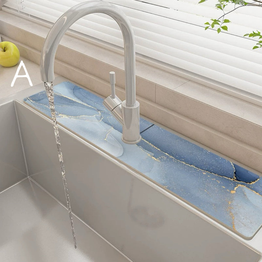 Kitchen sink with a modern faucet and running  blue water, set against a neutral background.