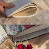 Open notebook with a hand holding it, followed by a close-up of decorative earrings.