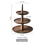 Three-layer wooden tiered stand with dimensions and weight information on a white background