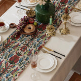 Elegant table setting with decorative tablecloth, plates, glasses, and candles.