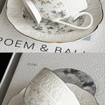 White floral teacup and saucer on a textured surface with text overlay