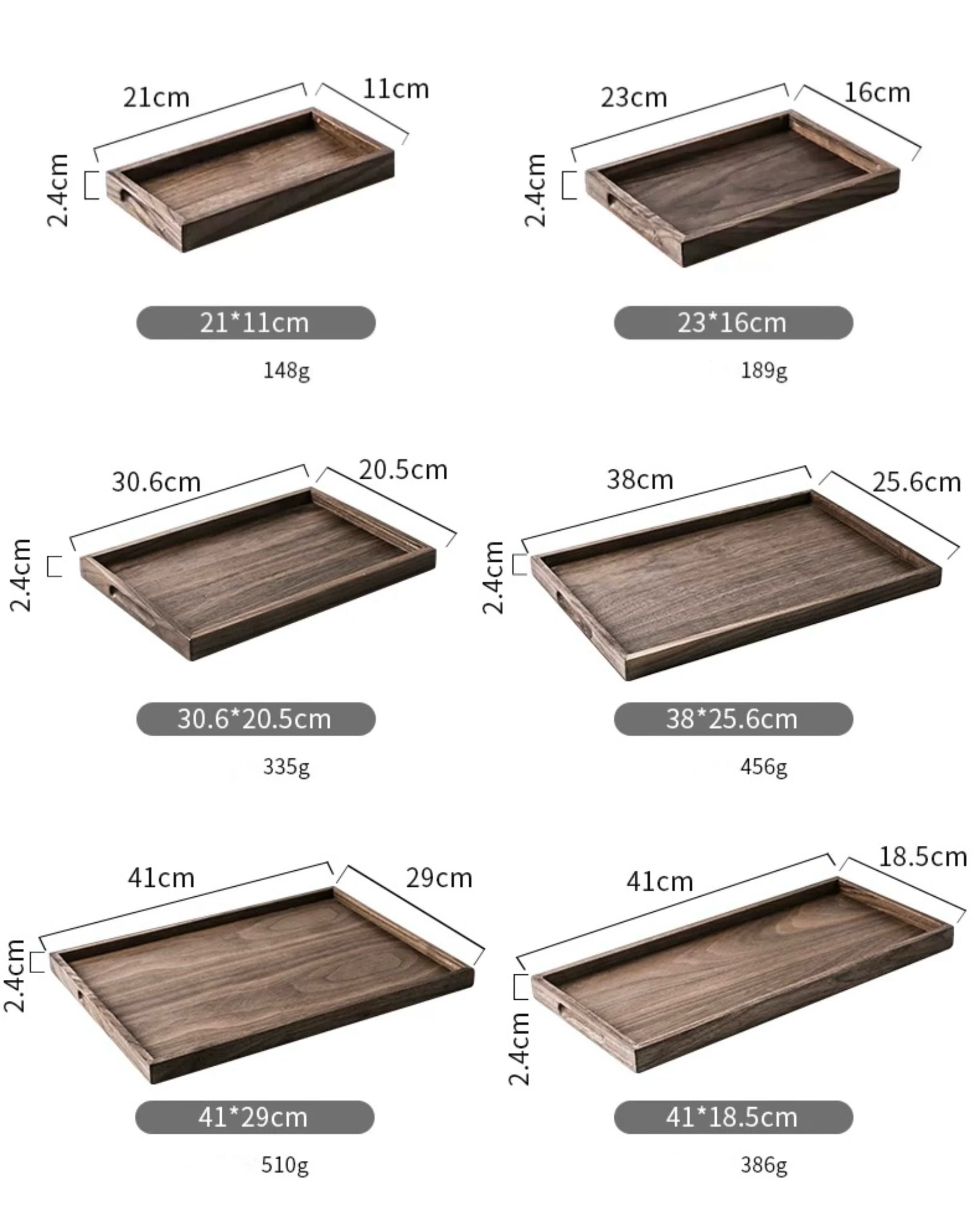 Set of wooden trays with measurements and weights displayed