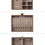 Three views of a jewelry box with measurement labels on a white background