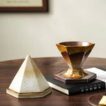 pouring coffee into ceramic hexagonal mug – handcrafted rustic stoneware coffeeware set